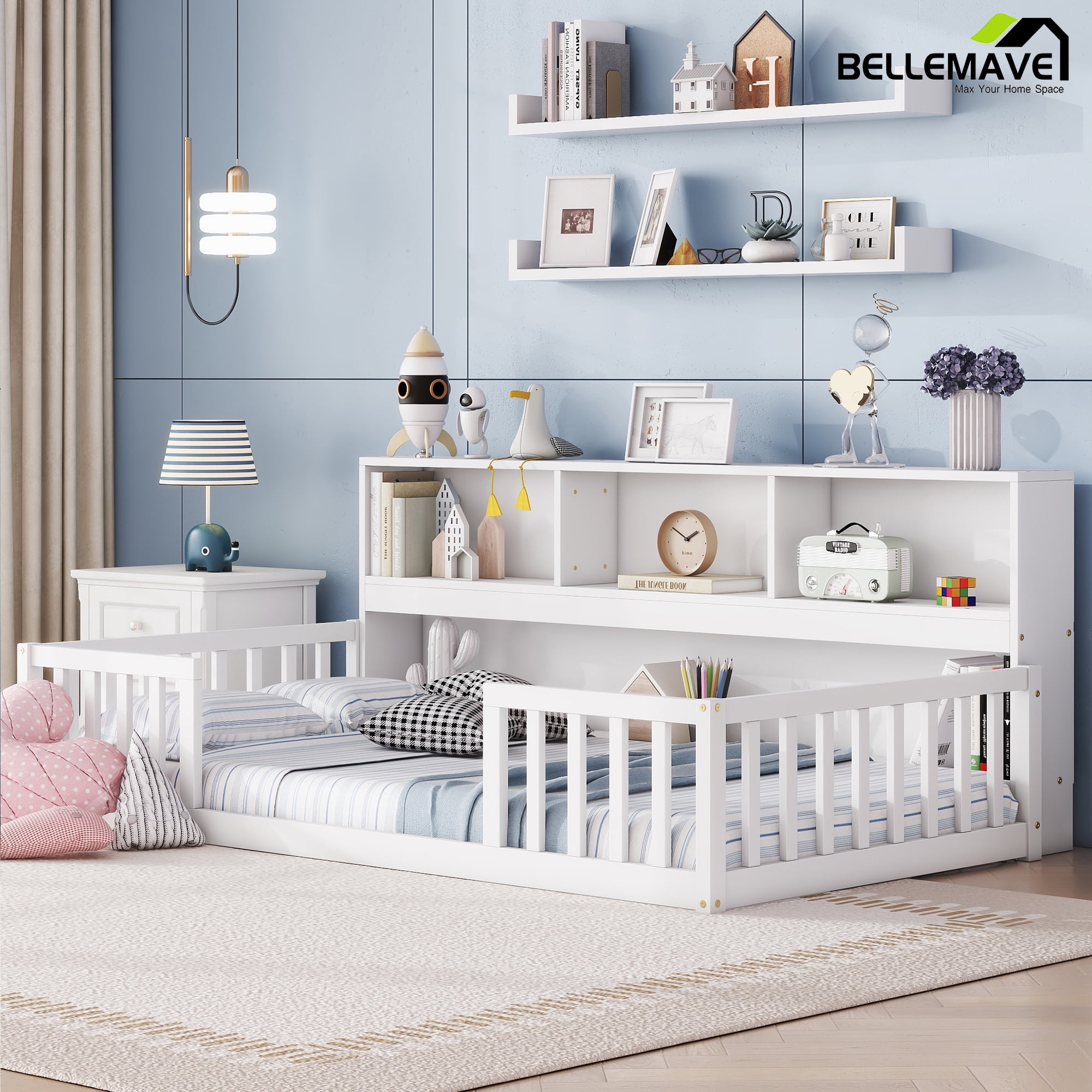 Bellemave Twin Size Floor Bed Frame with Fence and Bookcase Wood Floor Bed Low Montessori Bed Frame with Storage Shelves (Twin, White)