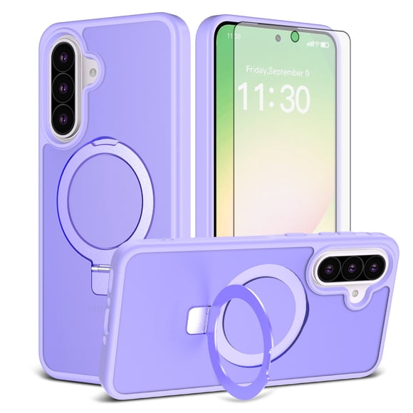 Asuwish Phone Case for Samsung Galaxy A37 5G Tempered Glass Screen Protector Magnetic Folding Stand Frosted Translucent Rugged Shockproof Protective Cell Cover A 37 37A LTE Women Men purple