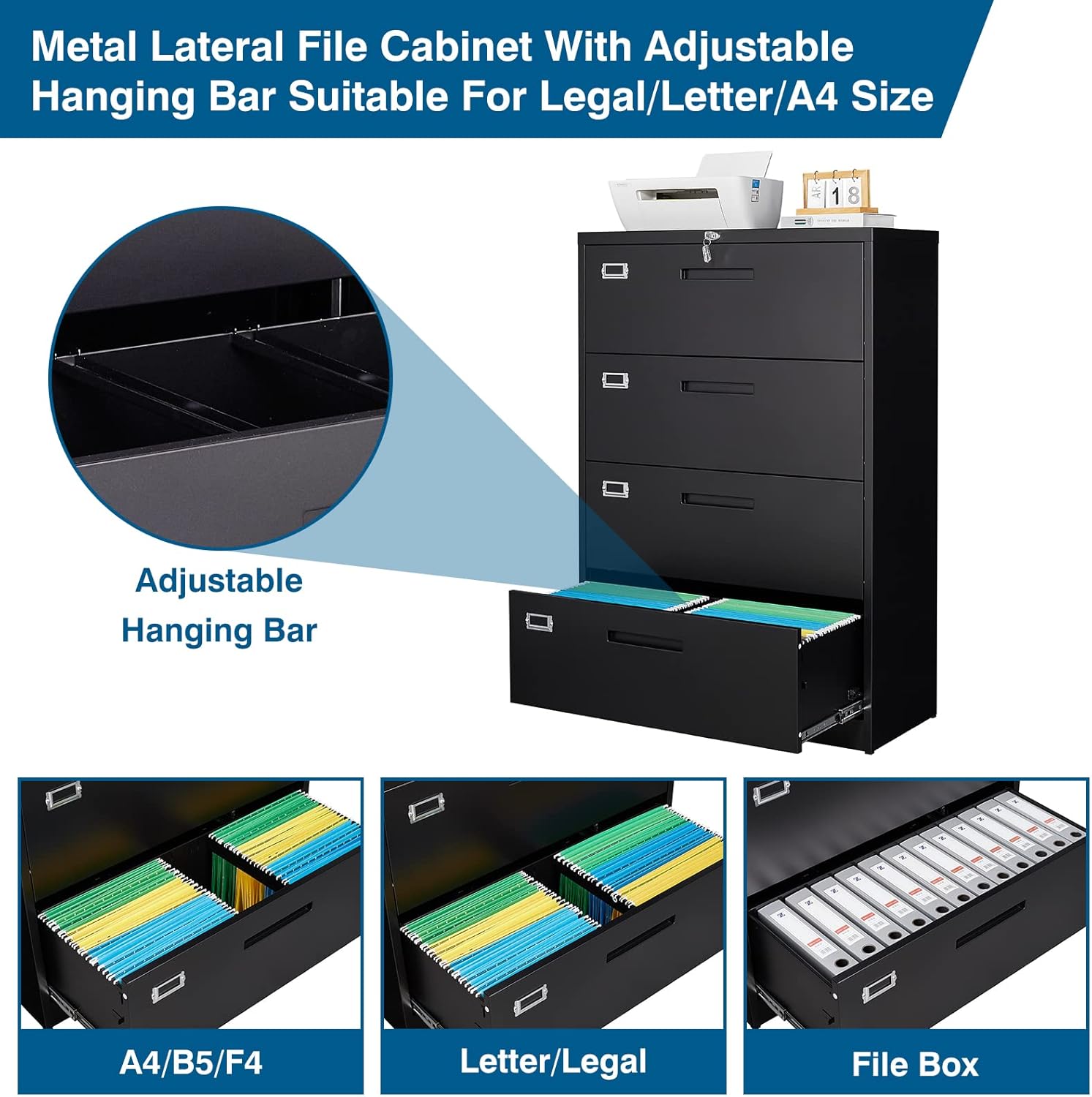 Lateral Filing Cabinets for Home Office, Office Storage Drawers with Lock for Hanging Files Legal/Letter A4 Size, Assemble Required