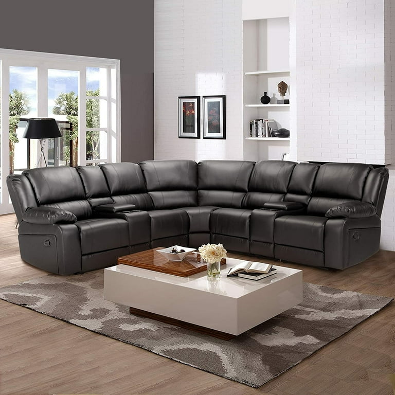 3 Pieces Sectional Sofa Set Manual Recliners with Cup Holders PU Leather Overstuffed Set Brown