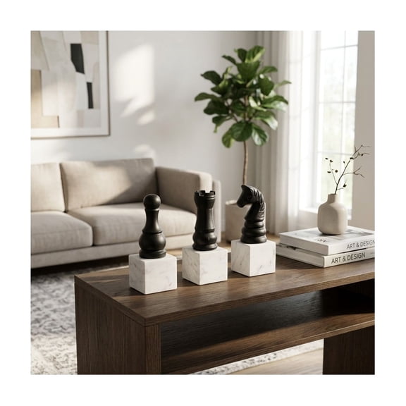 Modern Chess Pieces Statue on Marble Base for Home Decor - Stylish Sculpture for Office, Living Room, or Shelf Decor - Modern Ornament for Bathroom or Coffee Table Decor - Set of 3, 9", Black & White