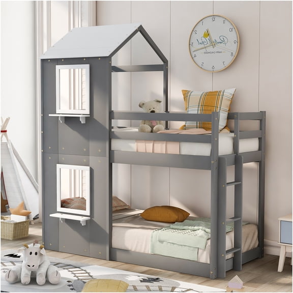 JERFIT Twin over Twin House Bunk Bed with Roof & Window, Solid Wood Frame, Guardrails & Ladder, Space Saving Grey Bunk Bed for Small Rooms