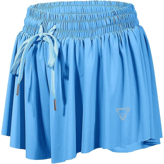 Pantalones cortos 2 en 1 fluidos para correr para mujer Gimnasio Yoga Atlético Mujer Entrenamiento Biker Spandex Lounge Sweat Falda Verano (azul claro) Feliz Sencillez
