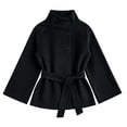 thumbnail image 4 of Miqool Women's Tweed Stand Collar Jacket Button Down Tie Waist Flare Long Sleeve Coat Trendy Casual Office Trench Coat, 4 of 8