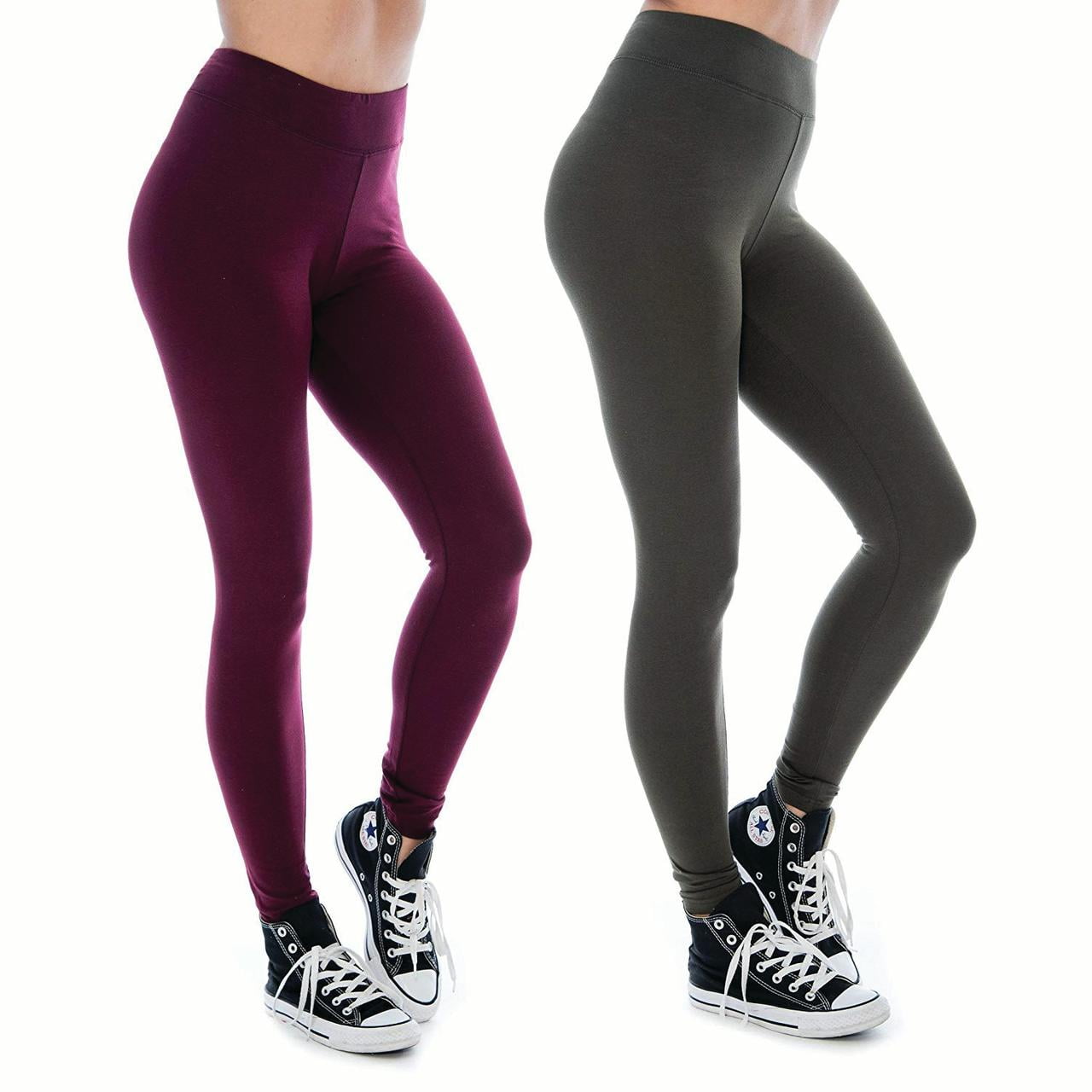 Women & Plus Soft Cotton Active Stretch Ankle Length Lightweight Leggings : 2PK-Burgundy/Olive (Ankle Length), S