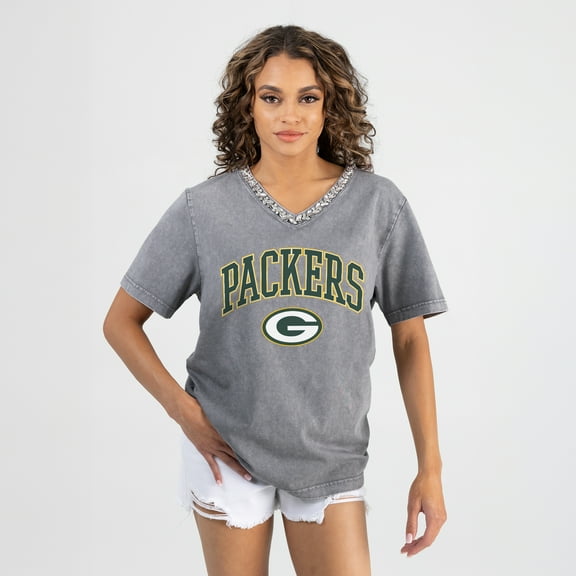 Women's Gameday Couture Gray Green Bay Packers Relaxed Iconic Edge Rhinestone V-Neck T-Shirt