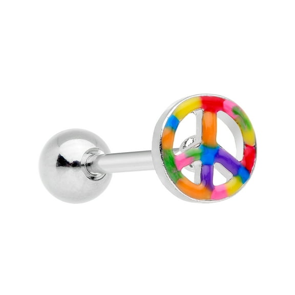 Body Candy 316L Stainless Steel Hippie Rainbow Peace Sign Straight Barbell Tongue Ring Body Piercing Jewelry
