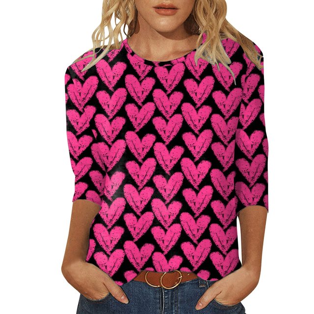 SZXZYGS T-Shirts Graphiques pour Femmes Crop Top Nœud T-Shirt Manches Trois-Quarts Imprimé Saint-Valentin Col Rond Été 2024