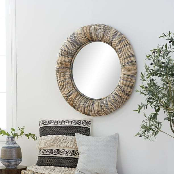DecMode Coastal Round Dried Rope Design Wood Wall Mirror, 35"W x 35"H
