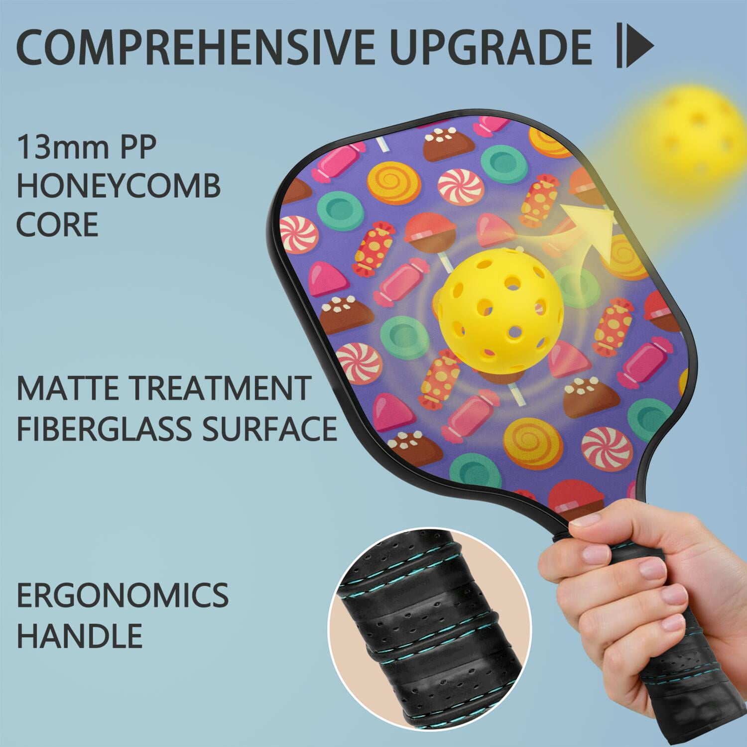 Pickleball Paddles Set Of 2, Fiberglass Surface, Sweet Candy Print, 4 Balls & Bag