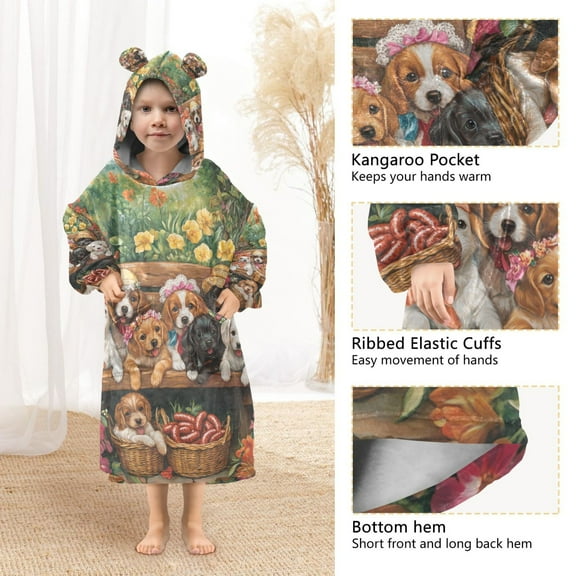 YAZAOO Kids Wearable Blanket Hoodie Warm and Cozy Pups and Colorful Blooms Flannel Sweatshirt