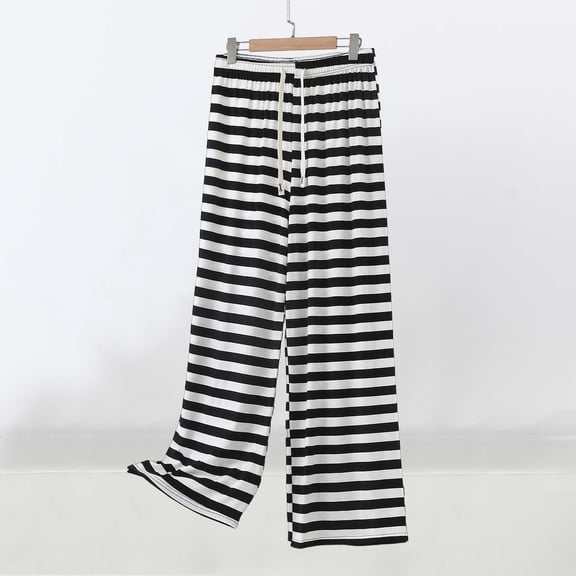 Cagogo Women Plus Size Wide Leg Elastic Waist Striped Flowy Lounge Pants Casual Long Trousers Summer Beach Work Wear, White 4XL