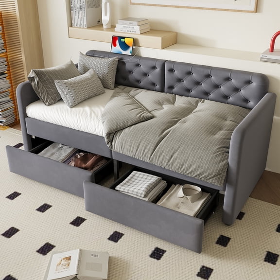 Noble House Lane 80" Twin Upholstered Daybed with 2 Storage Drawers, Velvet Tufted Sofa Bed, Sturdy Support, Gray