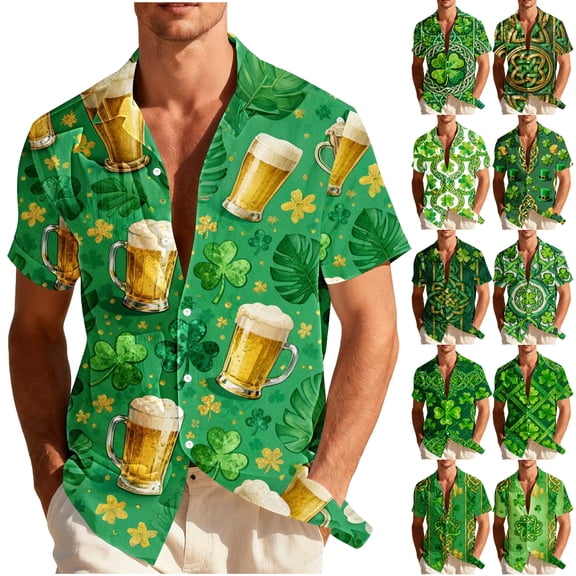 VBTAPA Mens 2026 St Patricks Day Shirts Short Sleeve Clover Button Down Shirt Green Shamrock Casual Holiday Tops Green M