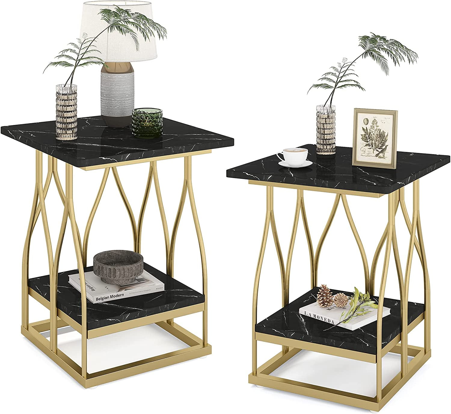 Tribesigns Faux Marble Side Table Set of 2, 2 Tier Square End Table with Storage Shelf, Black