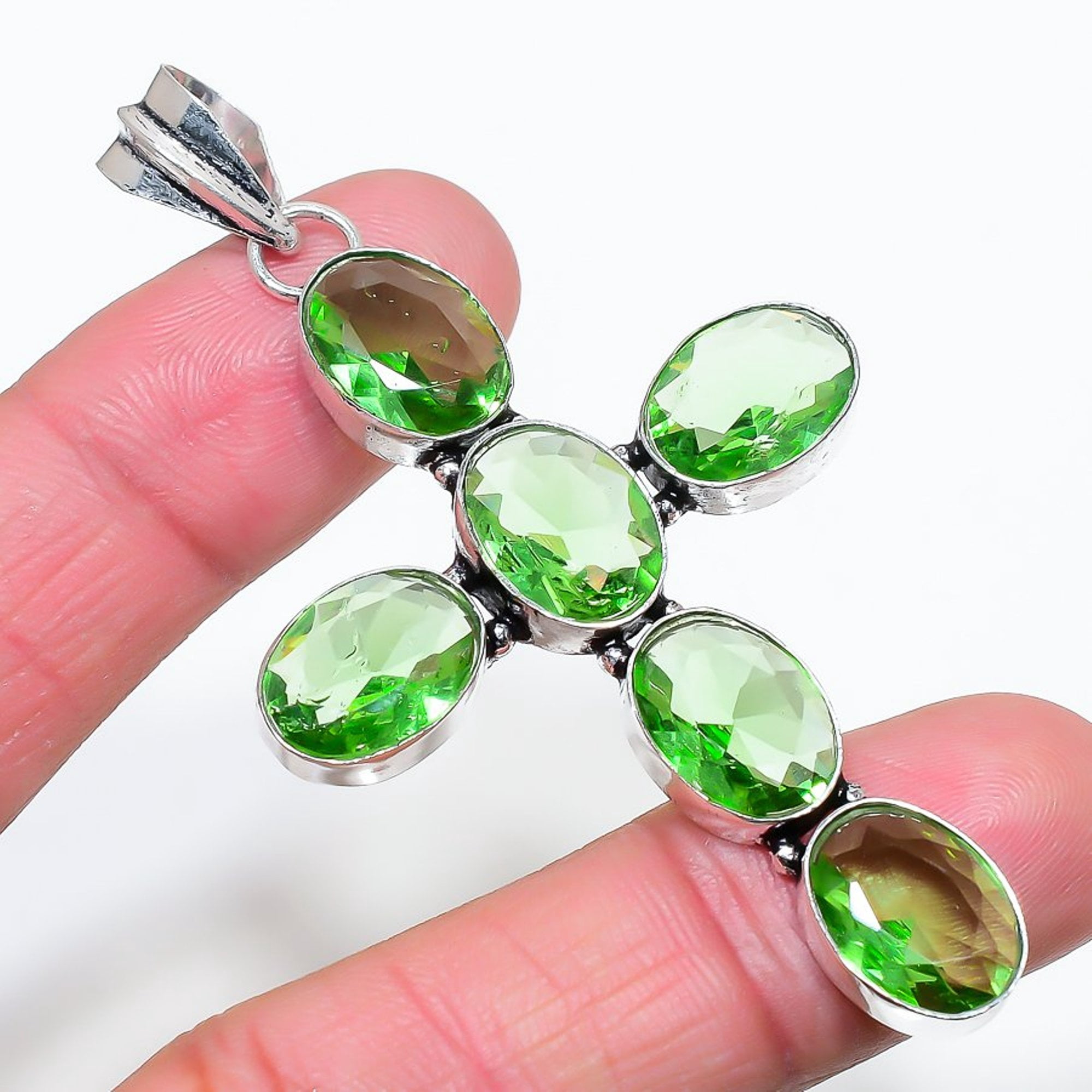 Green Amethyst Oval Shape Gemstone Cross Pendant Handmade Beautiful Jewelry 3.2"