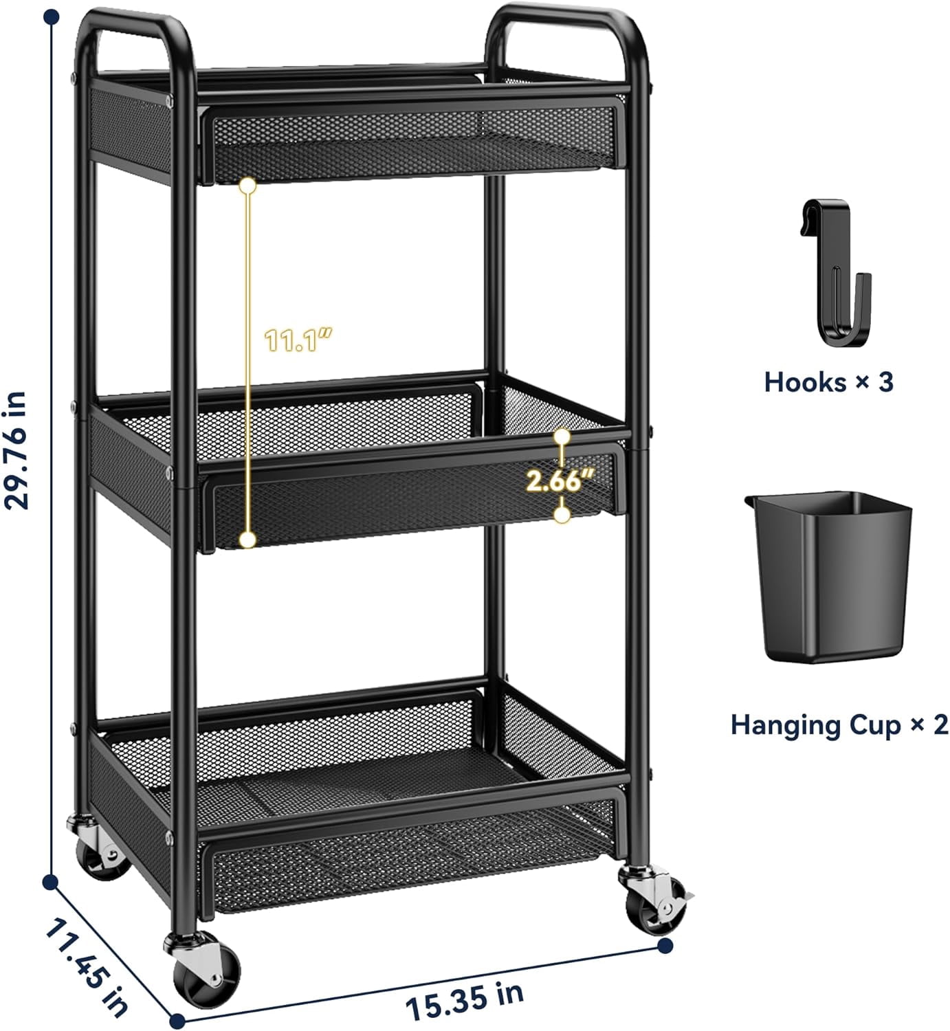 3 Tier Rolling Cart – Metal Utility Storage Cart with Wheels, Craft Cart Organizer with Hanging Cups, Hooks, Mesh Basket for Bedside Kitchen Office Art, Black