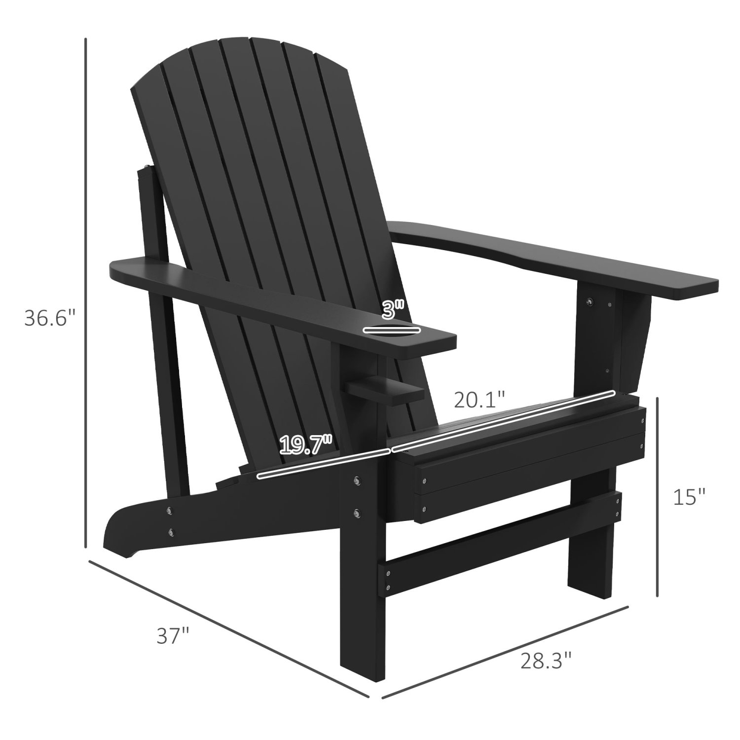 Wooden Adirondack Chair, Outdoor Patio Lounge Chair With Cup Holder For Deck, Garden, Backyard, Black