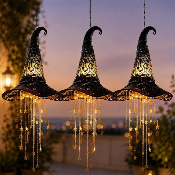Lighted Witch Hat Hanging Chime, Vintage Fabric Witch‑hat Lamp Ornament、Warm Led Star Tassel Pendant Lamp, Glowing Starry Waterfall Lights for Patio, Trees, Windows, Halloween(3pc-A)