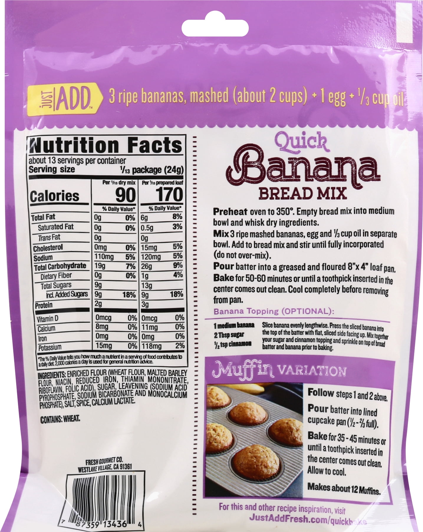 Just Add, Quick Banana Bread Mix, 10.93 oz