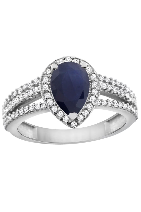 10K White Gold Natural Diffused Ceylon Sapphire Ring 9x7 Pear Halo Diamond, size 5
