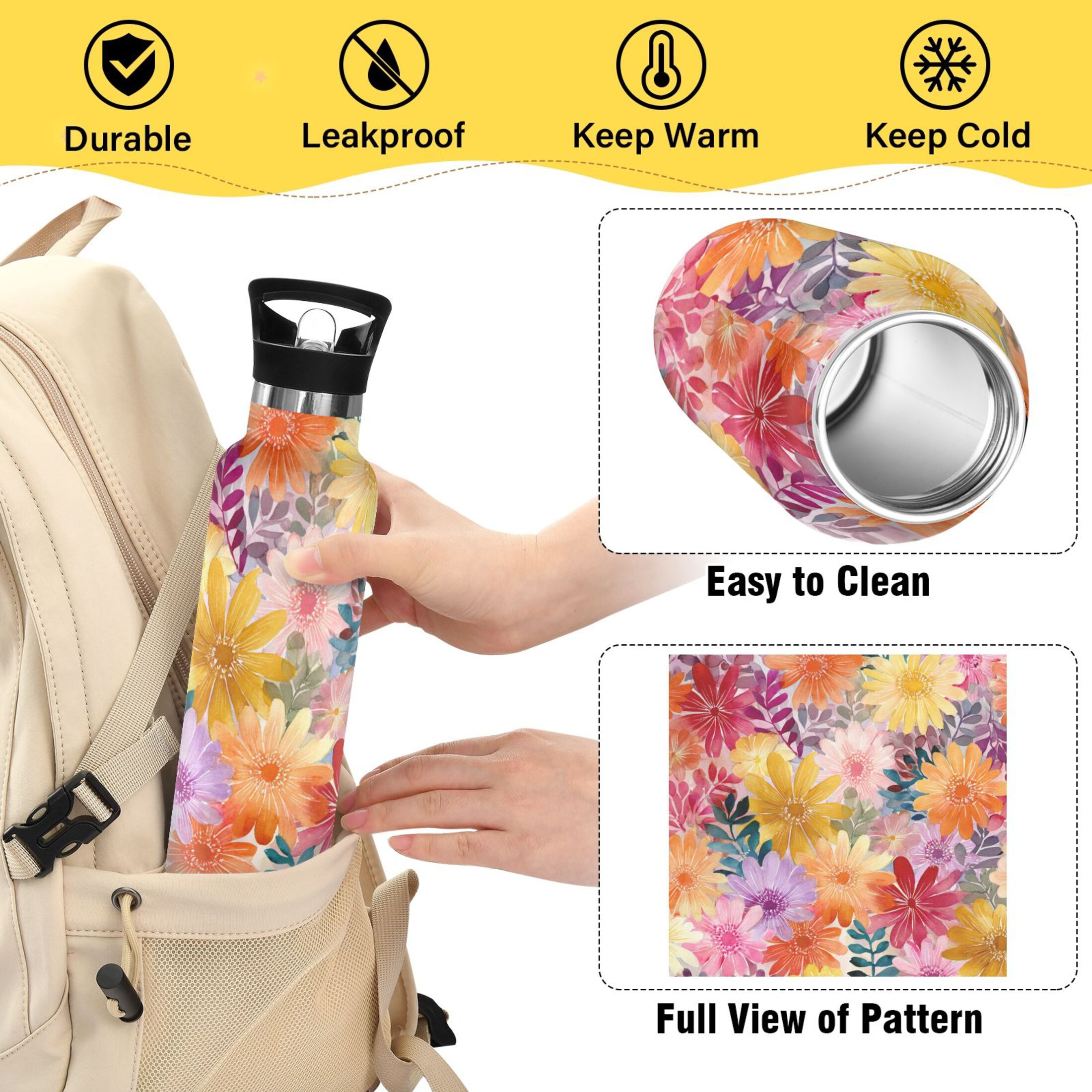 600ML Stainless Steel Insulated Cup Sports Water Bottle Portable Thermos Cup Water Glasses Insulated Tumblers Convenient and Durable Beautiful Watercolor Pink Flowers