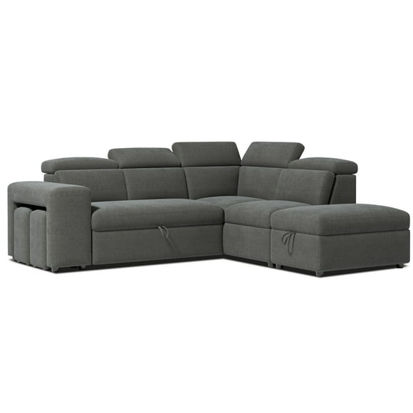 VALENCIA THEATER SEATING Finn Fabric Sectional Sofa Bed, with Right Hand Storage, Cloudy Grey, Solid Wood Frame and Premium Fiber Fill, Adjustable Headrest and Hidden Storage Compartments