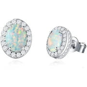 Fancime Sterling Silver White Opal Stud Earrings Oval Halo Cubic Zirconia CZ Fire Opal Fine Jewelry for Women