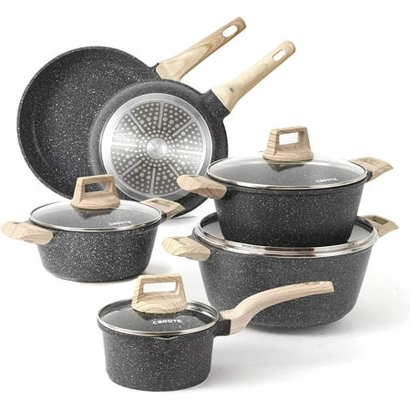 AISWOED Nonstick Pots and Pans Set, 10 Pcs Granite Stone Kitchen Cookware Sets (Black)