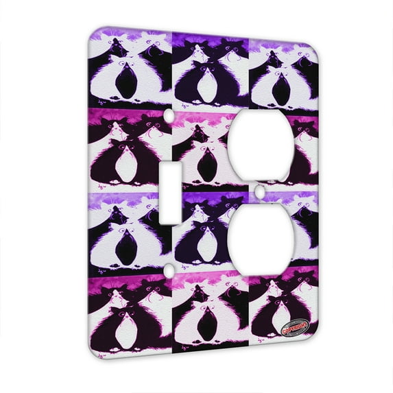 KuzmarK™ 2 Gang Single Toggle / Single Duplex Wall Plate - Whacky Tuxedo Maine Coon Kitties Abstract Cat Pink Pattern Art by Denise Every