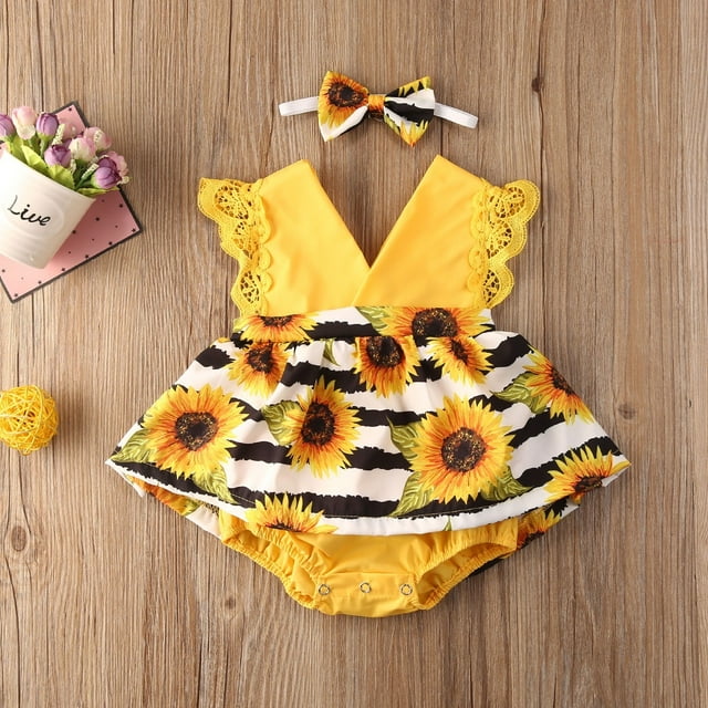Bébé bébé Fille Tournesol Romper Robe Dentelle Manches une Pièce Combinaison Combinaison Tenue d'Été avec Bandeau