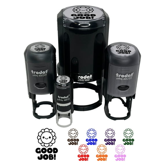 Good Job Happy Flower Teacher Student Self-Inking Rubber Stamp Ink Stamper - Black Ink - Small 3/4 Inch