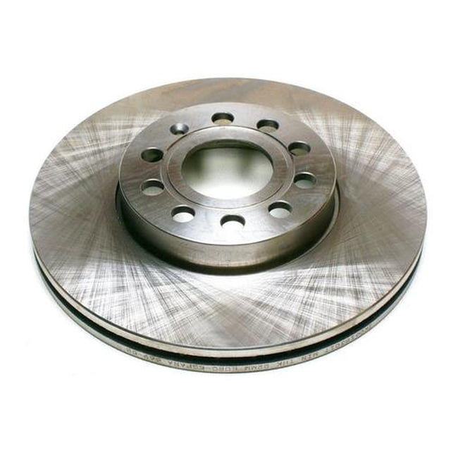 disco freno bruck-germany 1k0615301t Delantero ventilado 288 x 25 mm, gris, 5 birlos; vista cenital centrada del disco con superficie maquinada, perforaciones circulares en el cubo y perfil de doble cara ventilada que muestra las ventilaciones laterales. Diseñado para refacción de freno, cumple normas SAE J2521 y SAE J2430.