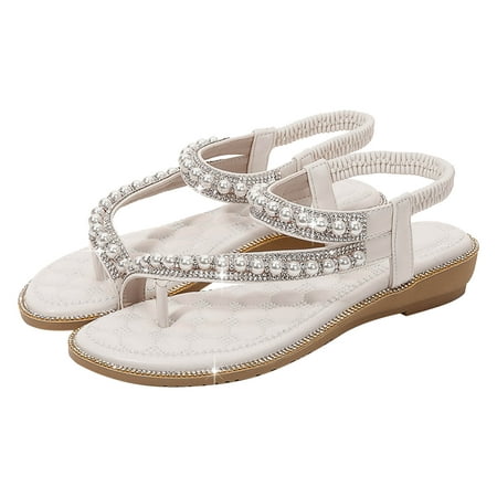 

GWAABD Vacation Sandals for Women s Pearl Rhinestone Sandals Women s Summer Sandals Fashion Women s Sandals