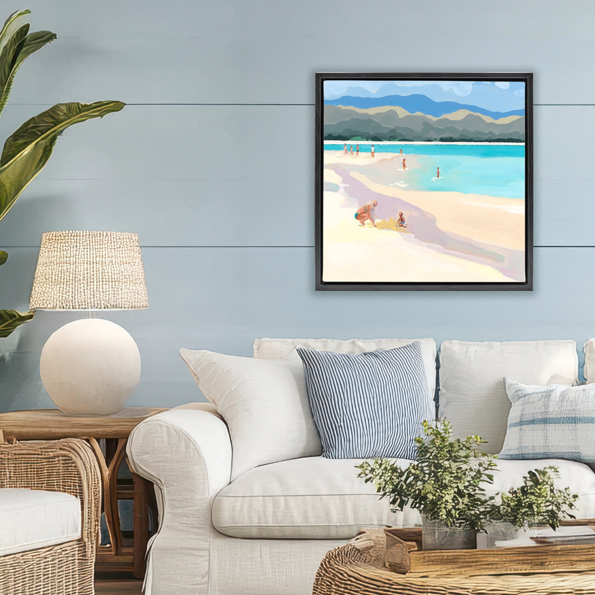 Stupell Industries Mother & Child Beach Scene Black Framed Floater Canvas Wall Art, design by Meredith Howse