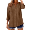 thumbnail image 3 of Endives Womens Tops Cotton Linen Button Down Shirts V Neck Pleated Casual Loose Blouses Roll Up Sleeve Shirt Spring Summer, 3 of 6