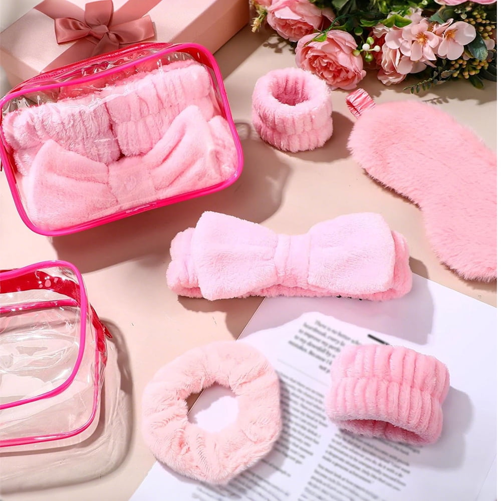 iMucci 36Pcs Sleep Spa Party Favors Set with 6 Storage Bags, 6 Eye Masks, 6 Pink Bows, 12 Wristbands, and 6 Plush Large Intestine Circles for Relaxation and Womens' Night