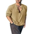 thumbnail image 2 of Men‘s Henley Shirt  Solid Color Long Sleeve Stand Collar Button-Down Loose Simple Linen Beach Tops, 2 of 6