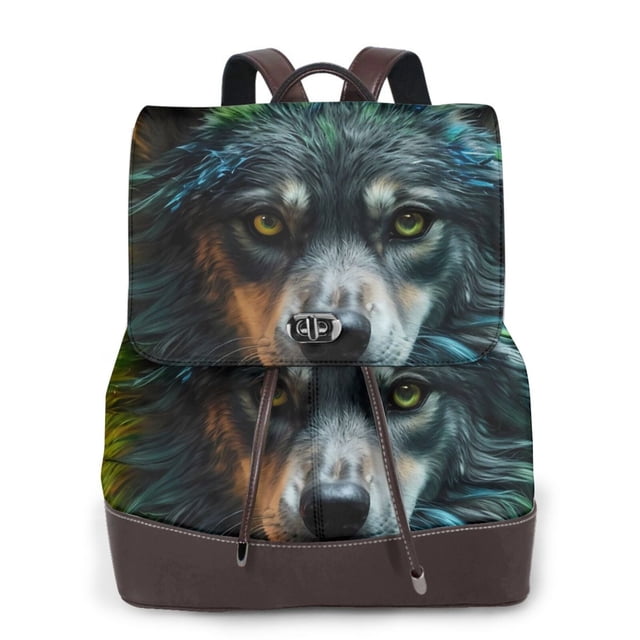 Balery Realistic Style Colorful Wolf A Mochila de Cuero para Mujeres, Gran Capacidad, Bolsa de Viaje Multifuncional, Mochila de Cuero y Bolsa de Hombro para Mujeres