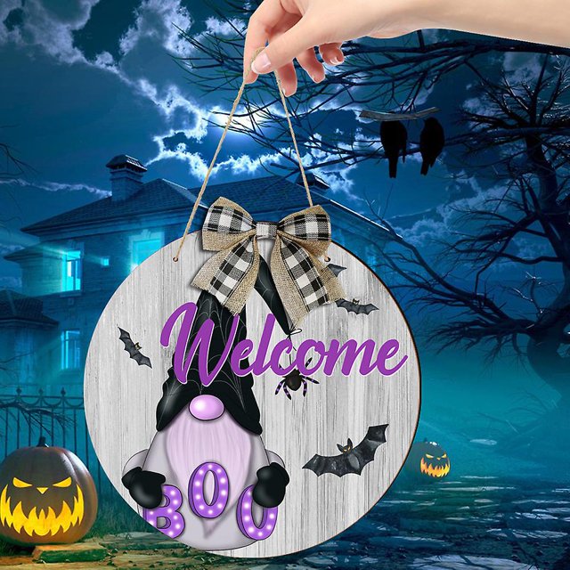 Halloween Wall Decor with Burlap Lanyard and Bow for Front Door, Wooden Sign, Indoor Outdoor Holiday Decor