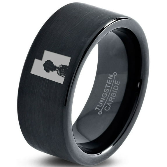 Tungsten Utah The Beehive State Train Band Ring 9mm Men Women Comfort Fit Black Flat Cut Brushed Polished