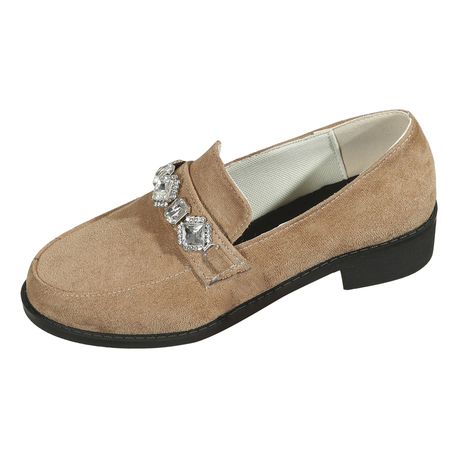 Suede Loafers for Women Comfortable Slip On Glitter Rhinestone Dress Shoes Block Low Heel Non Slip Fall Shoes Beige Size 6
