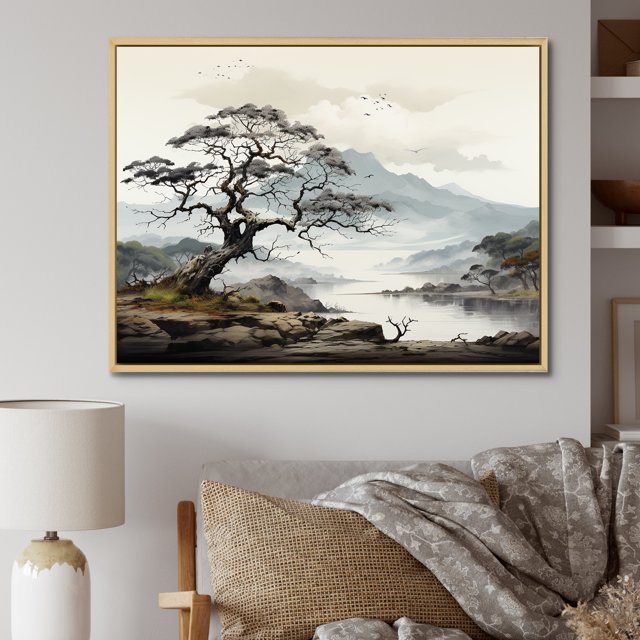 Designart Large Tree Natural framed wall art, Grey Minimalism Tree Ink euphony , Trees framed wall art decor, Grey Traditional Natural framed wall art, 40x30 inches Natural brown color Frame