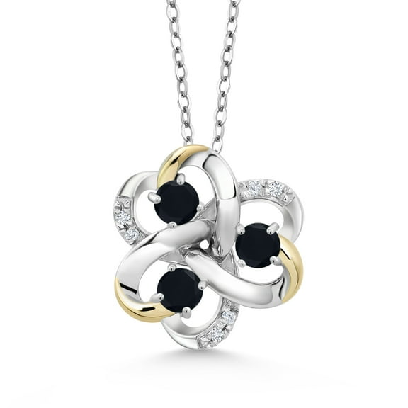 Gem Stone King 925 Silver and 10K Yellow Gold Round Black Onyx and White Moissanite 3-Stone Pendant Necklace for Women (0.71 Cttw, Gemstone December Birthstone, with 18 inch Chain)