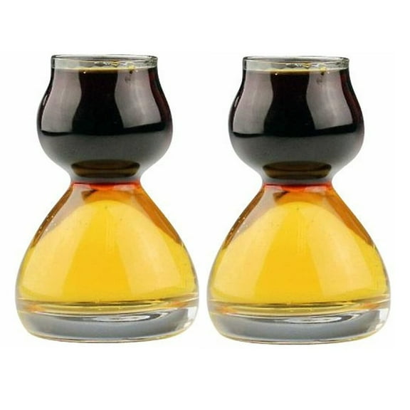 QUAFFER Double Bubble Layered Shot Glass Plus Recipe Card Glass Clear 1.25oz On Top, 2.25 oz On Bottom (Set of 2)