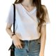 thumbnail image 1 of Camiseta de mujer con cuello en V, manga corta, blusa suelta de colores sólidos para verano, blanco, 1 of 2