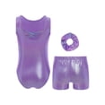 thumbnail image 4 of TSSOE Girls Glossy Dance Leotard and Shorts Set Sleeveless Criss-Cross Back Bodysuit Top + Shorts Scrunchies for Ballet Purple 7-8, 4 of 7