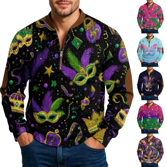 Resicozy Mardi Gras Sweatshirts for Men Print Casual Long Sleeve Sweatshirt 1/4 Zipper Stand Collar Pullover Purple 2 M