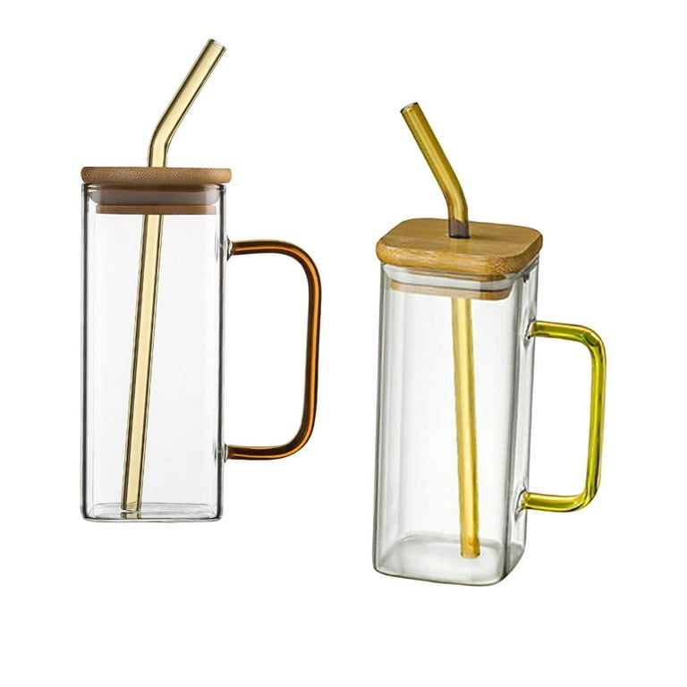 Square Mug,Glass Mug Square 400ml Drinking Glass Cups,Cup with Lids and  Straws Handle,Drinking Glass Bottle Transparent Drinkware,Heat Resistant  clear Teacup Reusable,Juice Beverage E 