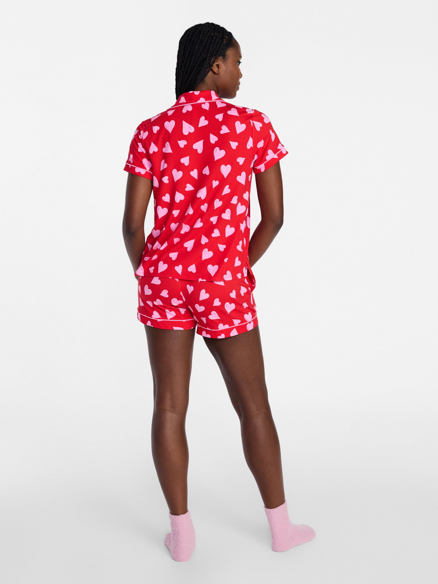 Joyspun Women's Dreamy Soft Collection Notch Collar Top and Shorts Valentine's Day Pajama Set, 2-Piece, Sizes XS-3X